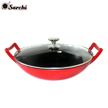 two handle flat bottom big large size enamelled cast iron wok with cover